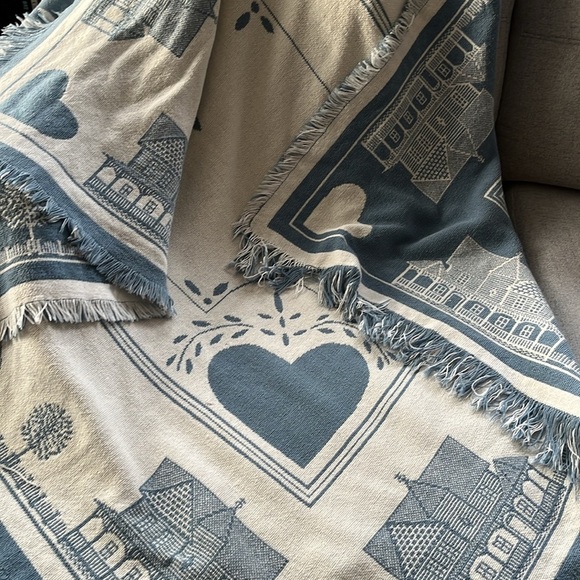 Vintage Blue & White Heart Cotton Blanket Reversible Goodwin Weavers Knit - Picture 11 of 13